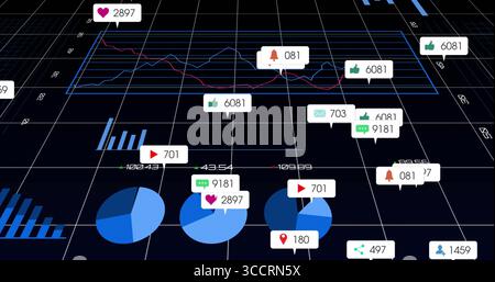 Displaying graphs and charts floating above 3D grid, with social media icons and numeric overlays Stock Photo
