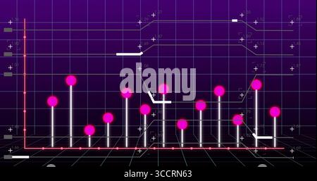 Displaying 3D white bars rising on purple gradient grid background, with glowing pink spheres Stock Photo