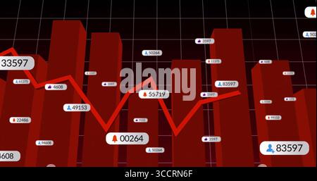 Displaying red 3D bars with red line graph in dashboard, with data labels, icons, grid overlay Stock Photo