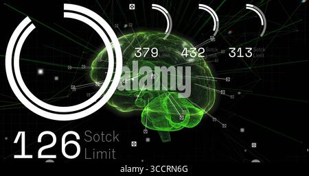 Displaying 3D brain hologram in data interface, linking nodes with charts, labels and network lines Stock Photo