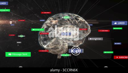 Floating holographic wireframe brain sending neural lines in dark cyberspace, with bright UI labels Stock Photo