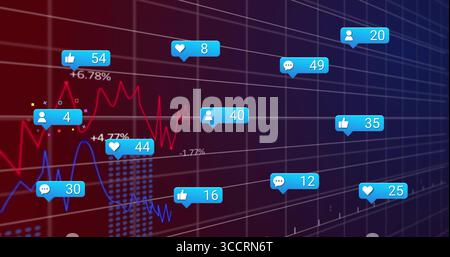 Displaying dashboard with shifting red and blue line graphs on dark grid, with notification bubbles Stock Photo
