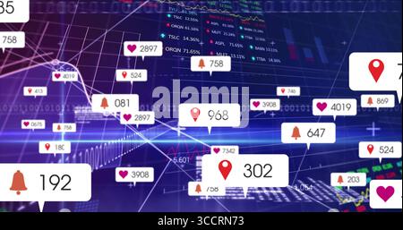 Floating notification icons displaying numeric labels over virtual network grid, with data overlays Stock Photo