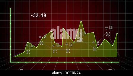 Displaying lime-green polyline chart rising over olive area fill in 3D space, with neon grid axes Stock Photo