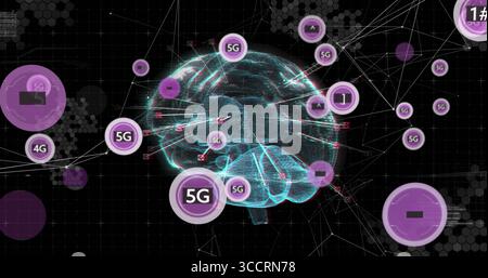 Displaying glowing 3D wireframe brain floating over dark grid, with 5G and 4G nodes, hex patterns Stock Photo