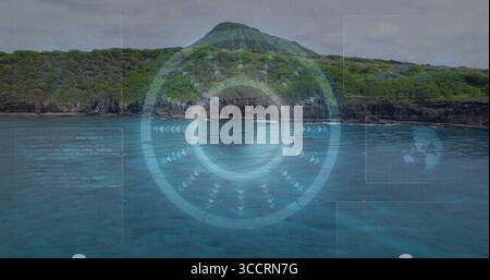 Displaying AR overlaying conical hill at ocean shore, with HUD reticle, arrow markers, code panels Stock Photo