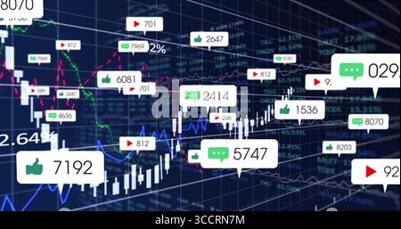 Displaying data visualization of candlestick bars and trends in dark dashboard, with social icons Stock Photo