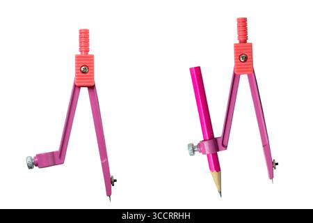 Set of pink compass divider with a pencil attachment isolated over a white background. Used for precise drawing, geometry, and educational purposes. C Stock Photo