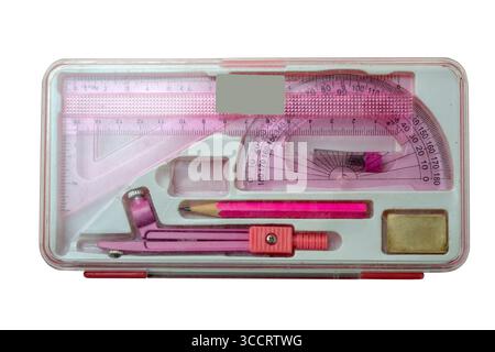 Set of school supplies on the box isolated over a white background. Concept of stationery Stock Photo