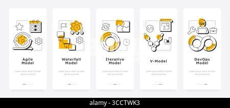 Software development life cycle models mobile app onboarding screens Stock Vector