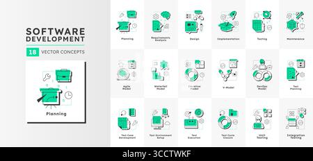 Software development and testing modern linear concept icons bundle Stock Vector