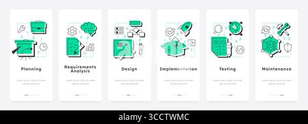 Software development stages mobile app onboarding screens Stock Vector