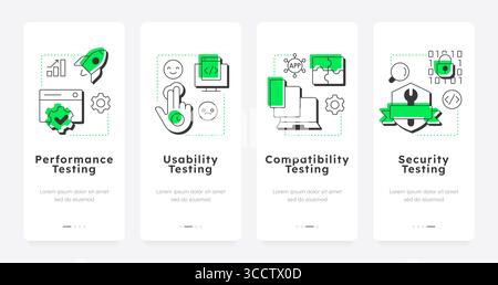 Non-functional testing types mobile app onboarding screens Stock Vector