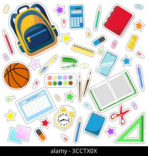 Colorful school supplies with backpack and stationery on white background Stock Vector