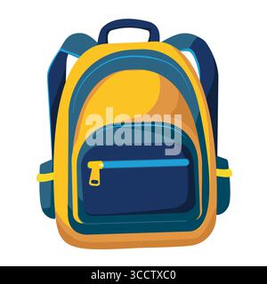 Colorful yellow and blue backpack with multiple compartments on white background Stock Vector