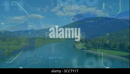 Displaying transparent PHISHING overlay hovering above forested river valley, with binary code Stock Photo