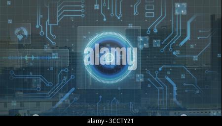 Displaying glowing blue circular HUD interface over digital grid, with circuit lines, data panels Stock Photo