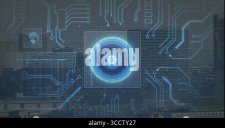 Displaying circular holographic interface overlaying city skyline, with circuit traces and panels Stock Photo