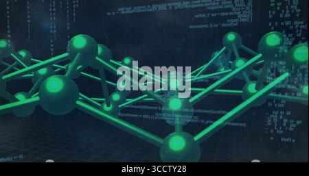 Floating network showcasing glowing green nodes and rods above dark grid, with flowing code lines Stock Photo