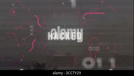 Displaying HACKED alert over dark computer interface, with magenta circuit lines and glitch effects Stock Photo