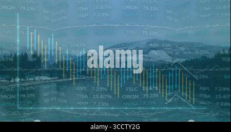 Displaying financial chart over alpine lake with candlestick bars, line graphs and stock tickers Stock Photo