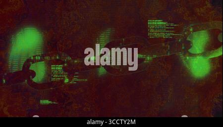 Floating chain links streaming binary digits in digital space, with green code and spheres Stock Photo