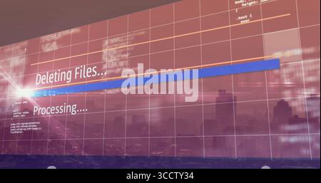 Displaying dashboard overlaying city skyline at dusk, showing blue progress bar and status texts Stock Photo