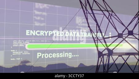 Displaying encrypted data transfer screen over dusk hills with progress bar, grid overlay and tower Stock Photo