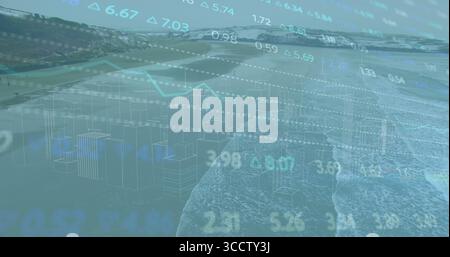 Displaying data overlay over beach with floating figures, graphs and charts and mountains Stock Photo