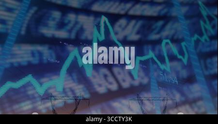 Displaying green fluctuating line chart with numeric ticker on screen and power tower silhouettes Stock Photo