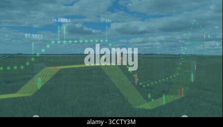 Displaying 3D chart overlaying grassland, with wireframes, trend lines, candlesticks and labels Stock Photo