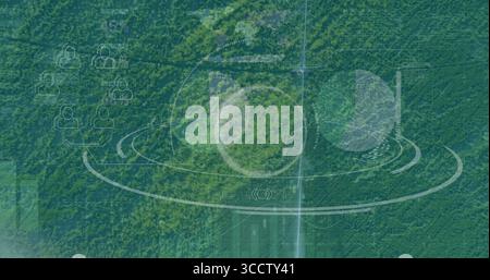 Displaying dense forest canopy from drone view showing translucent UI elements and central rings Stock Photo