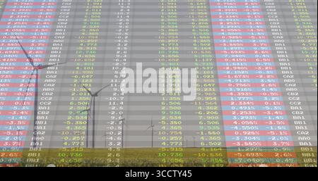 Displaying translucent financial table overlay covering grassy plain with wind farm, colored cells Stock Photo