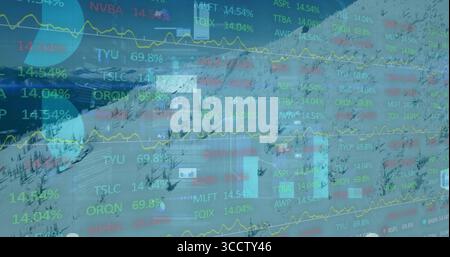 Displaying financial overlay covering snowy slope, with trend lines, pie chart and ticker symbols Stock Photo