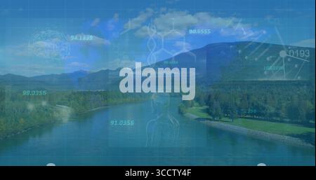 Overlaying river valley, displaying interface with grid overlay, DNA helix and brain Stock Photo