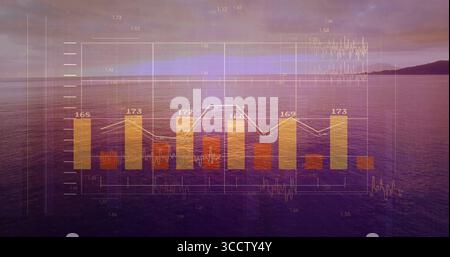 Displaying bar and line chart grid on dusky shoreline with orange bars 168,173,172,166,169,173 Stock Photo