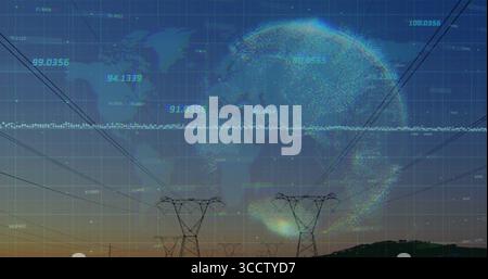 Displaying point-cloud globe hovering above hill at sunset, with power towers, grid, data labels Stock Photo