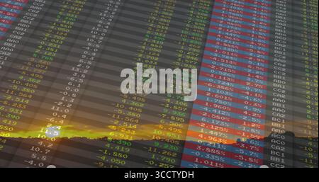 Displaying translucent financial grid over sunset forest silhouette, featuring colored data columns Stock Photo