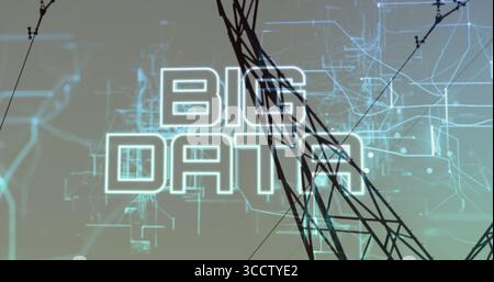 Displaying glowing BIG DATA text over digital network backdrop, with transmission tower and cables Stock Photo