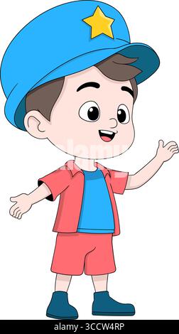 Cartoon vector of a cheerful boy wearing a red and blue outfit with a large blue cap featuring a yellow star, standing with arms open Stock Vector