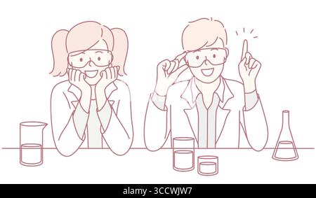 Two joyful scientists are enthusiastically engaged in exciting experiments in a vibrant lab setting Stock Vector