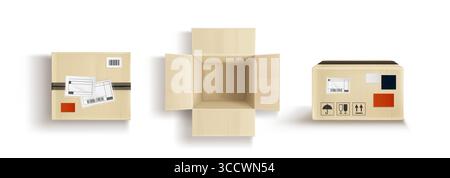 Open and closed cardboard box top view with flaps extended and empty inside for shipping or storage purposes. Brown packages with labels, barcodes and handling icons for e-commerce or delivery service Stock Vector