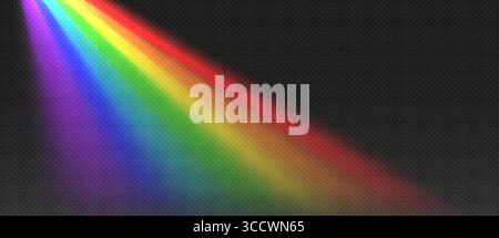 Diagonal rainbow beam with rain effect isolated on black background showing vibrant spectrum from purple to red. Light refraction soft gradient bands with misty edges for weather or optical designs. Stock Vector