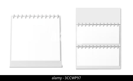 Paper calendar mockup with spiral binding for desk or wall display. Blank white pages stand upright and flip open for monthly schedule. Office stationery templates with various formats and metal rings Stock Vector