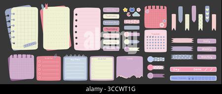 Cute doodle memo for planners - notebook pages with grids, weekday labels, tracker cards and colorful ribbons. Pastel bookmark, washi tape strips and to do lists for bullet journal or scrapbook design Stock Vector
