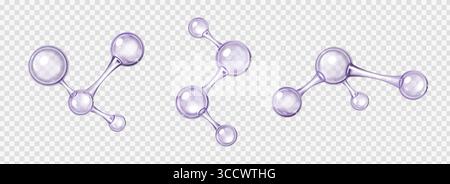 Glossy chemical molecules with atom connections - 3d purple spheres linked by bonds for science visualization. Transparent bubble particles in molecular chains for educational or cosmetic graphics. Stock Vector