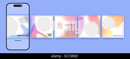 Social media carousel post templates with gradient backgrounds and photo placeholders. Minimalist layouts with soft fluid color and text areas for business content or personal branding campaigns. Stock Vector