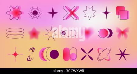 Trendy y2k elements on gradient bg - wavy shapes, eye icon with flower and sparkle stars for retro aesthetics. Checkered patterns with bubbles, chain links and crescent moons for nostalgic designs. Stock Vector