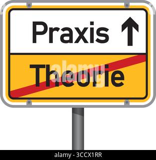 yellow traffic sign with german words practice and theory isolated vector illustration Stock Vector
