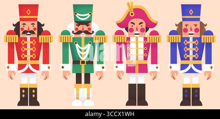Nutcracker characters set - soldiers in green, red, pink and blue uniform, tricorn and shako hat. Christmas figures for holiday decoration, festive theater performance illustration Stock Vector